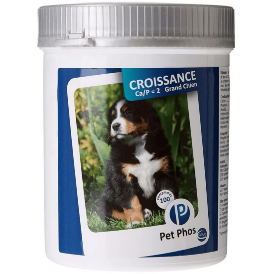PET PHOS Croissance Grand Chien, 100 comprimate – suport mineral și vitaminic pentru juniori de talie mare